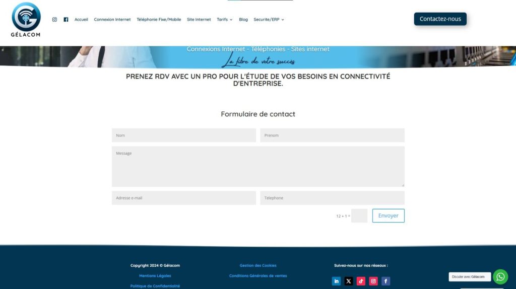 Formulaire de contact et bouton WhatsApp sur le site internet d’une entreprise de télécoms à Toulouse