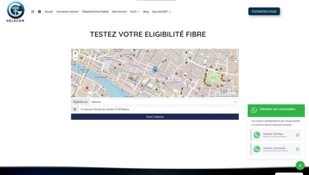 Testeur d’éligibilité à la fibre intégré au site internet d’une agence de télécommunication à Toulouse