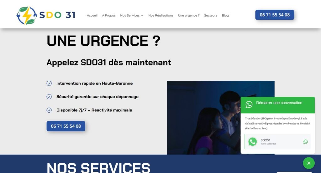 Page urgence du site de l'électricien SDO 31 avec bouton d'appel et fenêtre de discussion WhatsApp