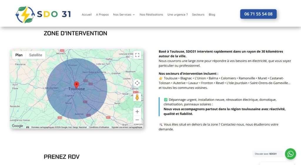 Page zone d'intervention avec carte autour de Toulouse sur le site de l'électricien SDO 31